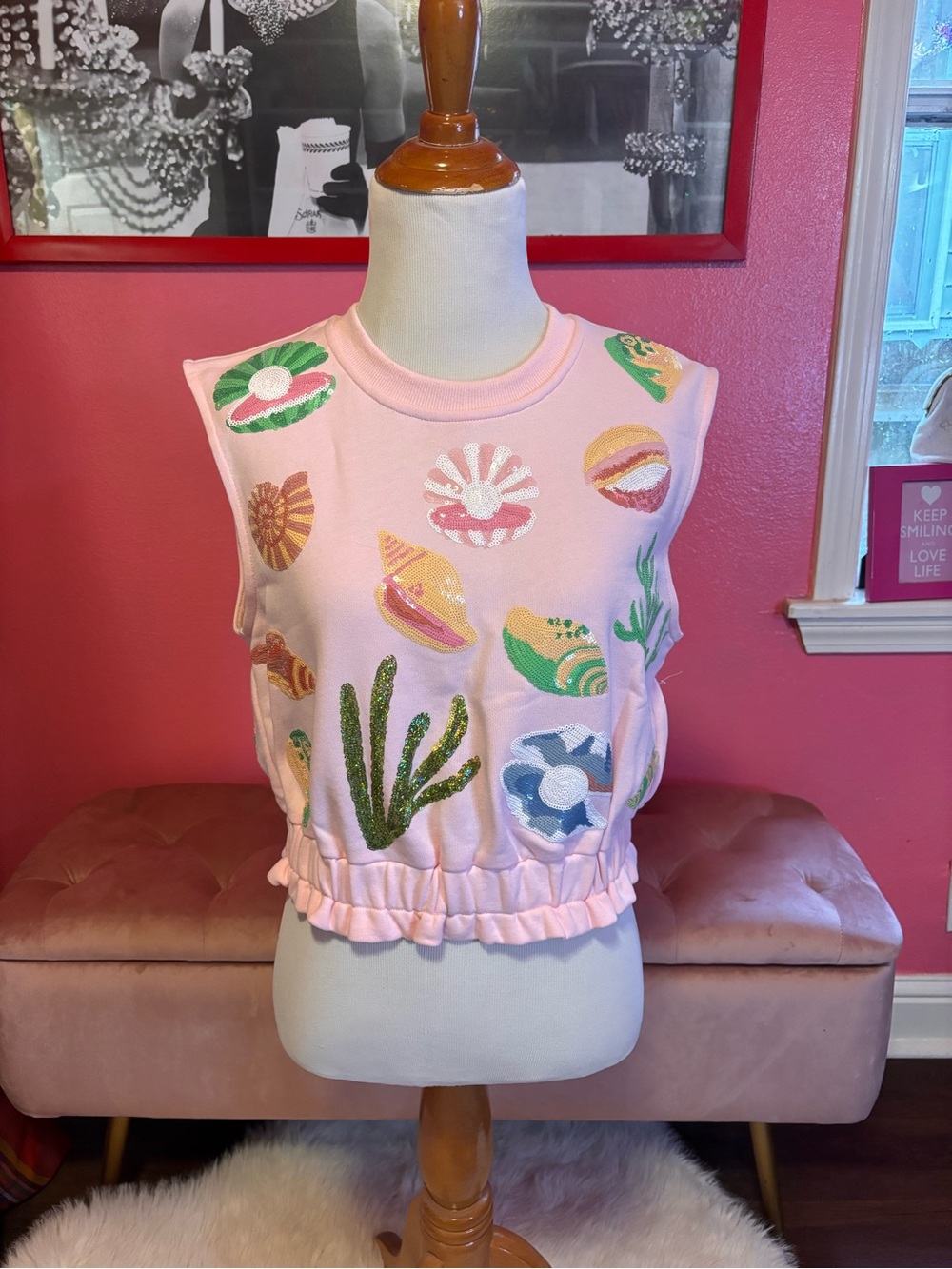 Queen of Sparkles Sequin Pink Shell Crop Tank